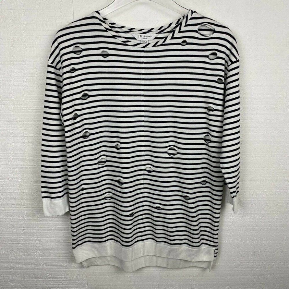 LK Bennett Shirt White Black Stripe Distressed